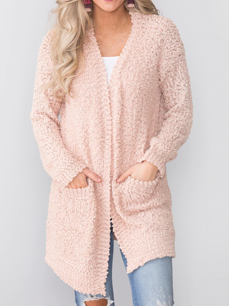 

Casual Women Solid Color Fleece Cardigans with Pockets