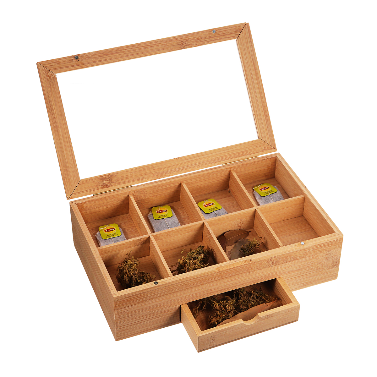 

Деревянный Чай Кофейный Коробка 8 секций Отсек Стеклянная крышка Многофункциональный ящик для хранения специй Сундук для