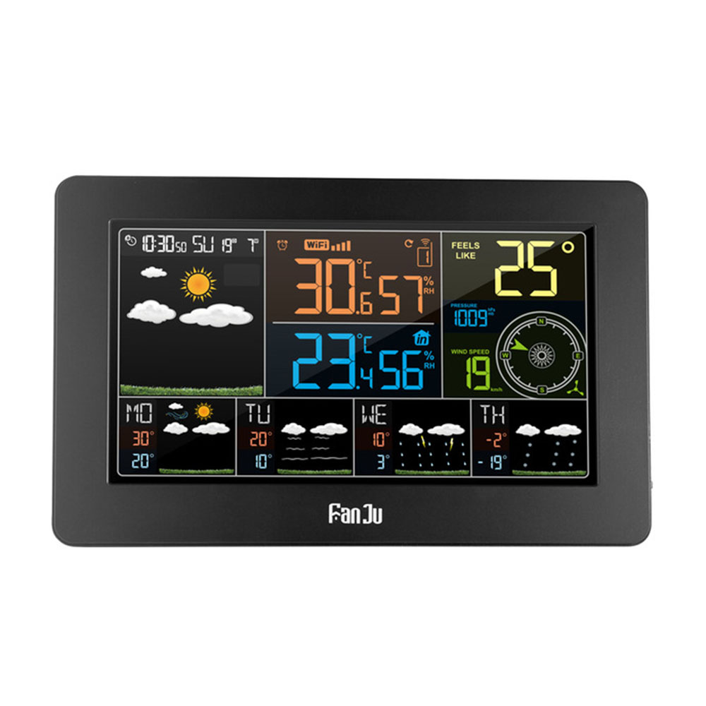 

FanJu FJW4 Digital Alarm Clock Weather Station Wifi Indoor Outdoor Temperature Humidity LCD Clock Pressure Wind Weather Forecast