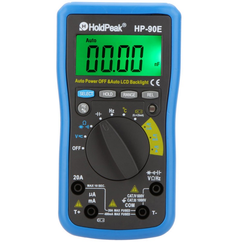 

HoldPeak HP-90E Digital Auto Range DMM Multimeter DC AC Amp Volt Ohm Freq Cap Temperature Meter Battery Tester with Auto LCD Backlight
