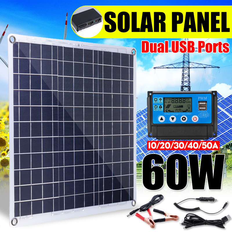 60W DC 12V 60W Solar Panel 5V Dual USB Ports Battery Charger Aluminum Plate Solar Powered Panel 1