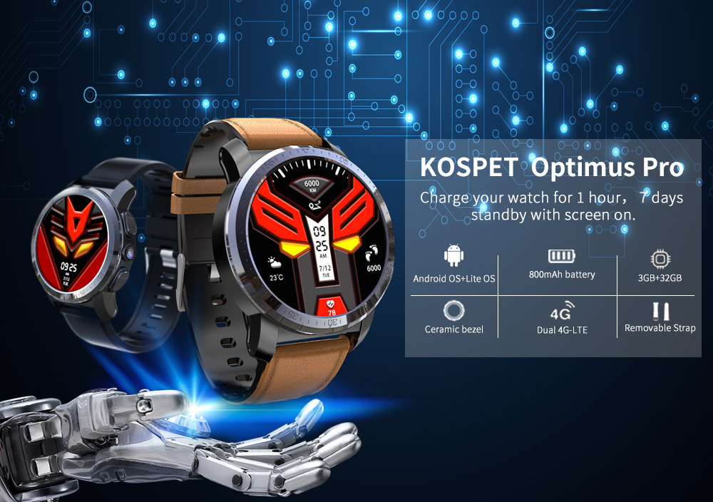 Kospet Optimus Pro Dual Chip System 3G+32G 4G-LTE Watch Phone AMOLED 8.0MP 800mAh GPS Google Play Smart Watch (Black) 9