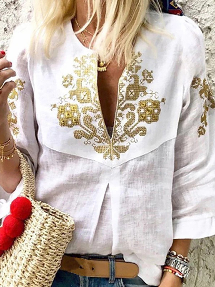 

Пуховик с этническим принтом и V-образным вырезом Женское Блуза из хлопкового льна