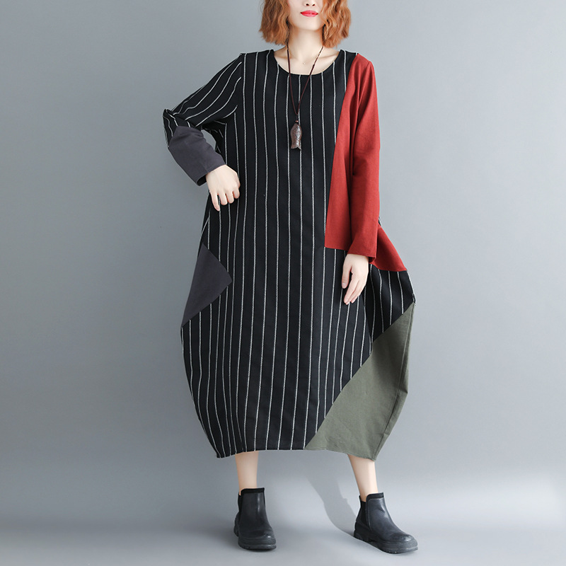 

Vertical stripes cotton color matching loose dress