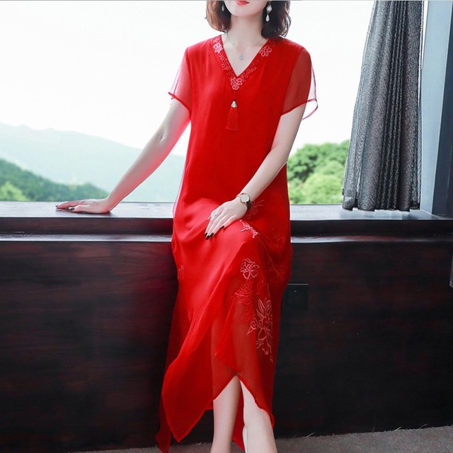 

Новый китайский стиль женщин в стиле ретро национальный ветер красный V-образным вырезом слово Платье дзен супер фея