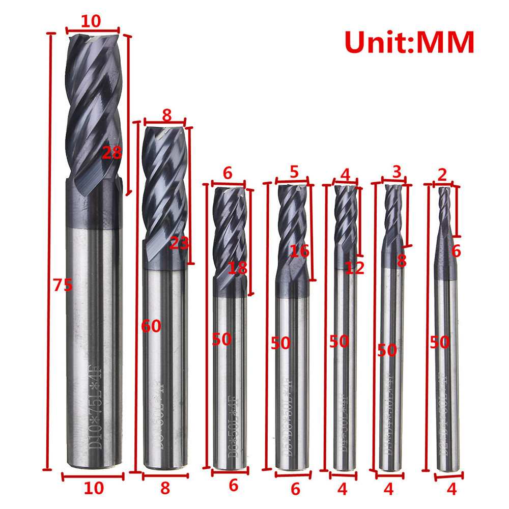 2/3/4/5/6/8/10mm Milling Cutter Tungsten Steel Coated 4 Flutes End Mill Cutter CNC Tool