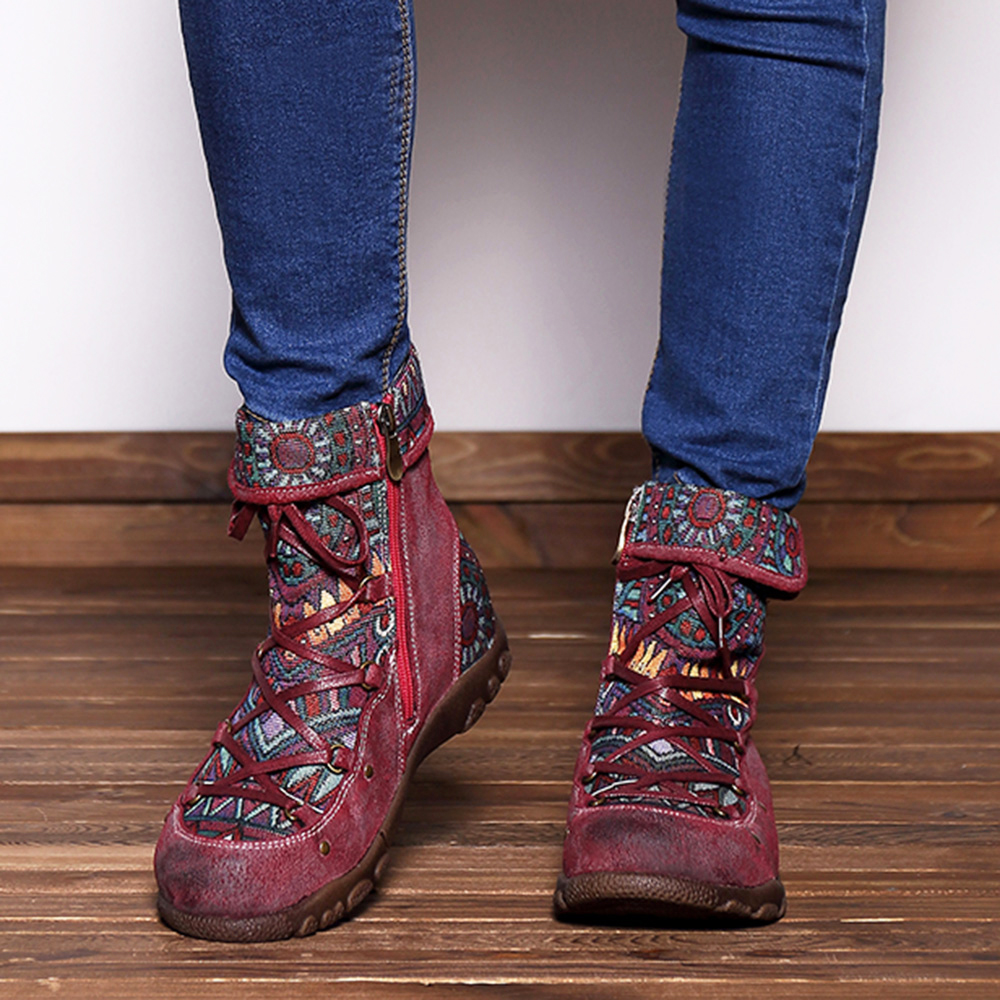 

SOCOFY Leather Splicing Jacquard Boots