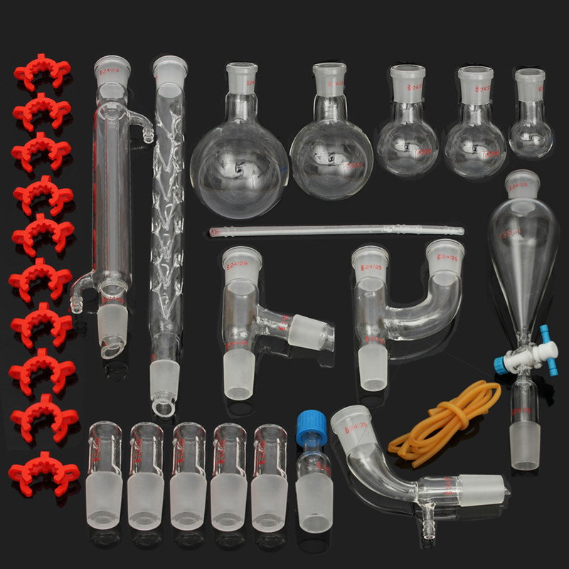 

29Pcs/Set 24/29 Laboratory Glassware Kit 25/50/100/250/500mL Flask Lab Chemistry Glass Ground Joint Distillation Separation