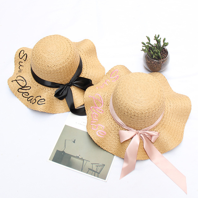 

Sun Hat Female Season Sunscreen Embroidery Letter Straw Hat Travel Seaside Beach Hat Big Leisure Sun Hat