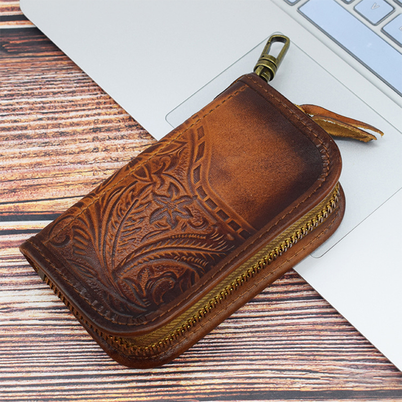 

Men And Women Retro Embossed Pattern Genuine Leather Key Bag Key Holder Coin Bag Card Holder