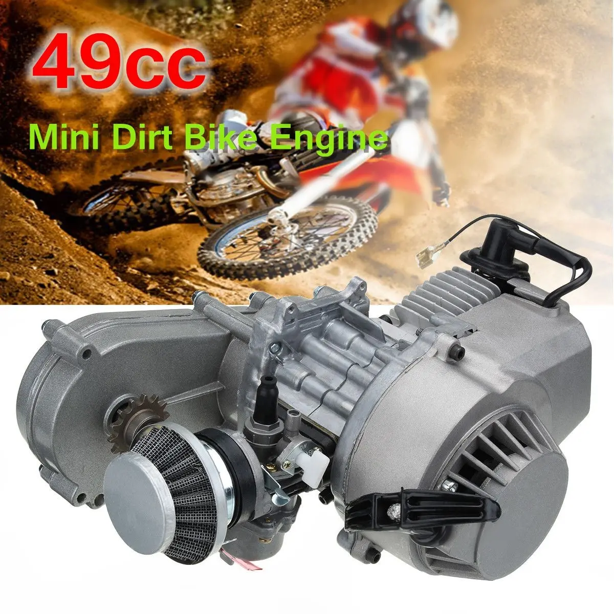49cc Dirt Bike Engine with clutch pullstart air filter carburettor coil clutch plug