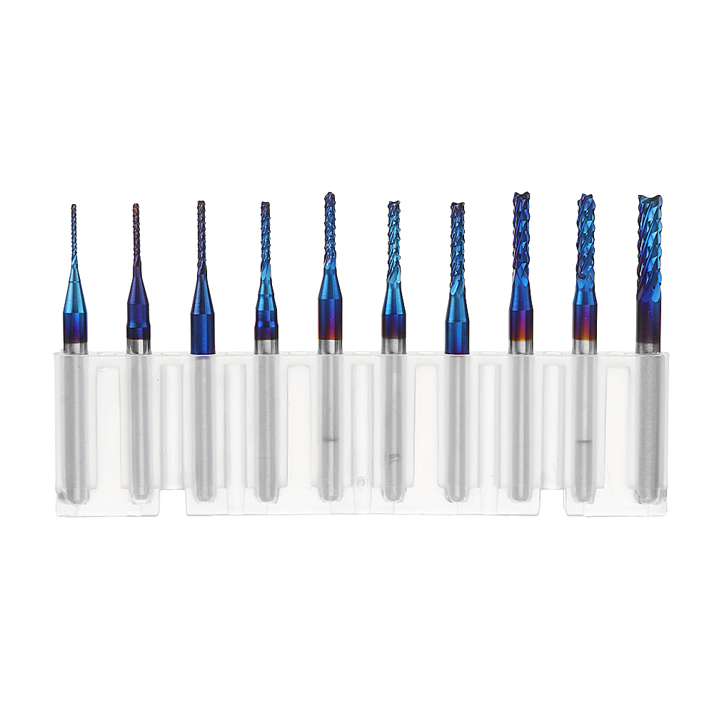 

Drillpro 10pcs 0.8-3.175mm Blue NACO Coated PCB Bits Carbide Engraving Milling Cutter For CNC Tool Rotary Burrs