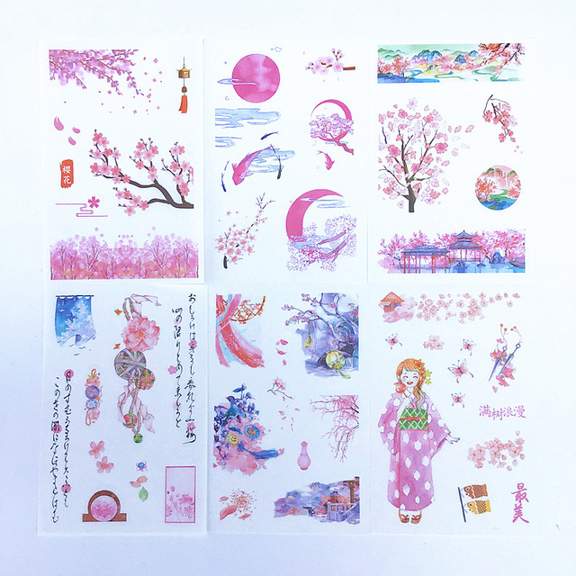 

Romantic Sakura の Flower And Paper Hand Account Sticker Diy Diary Album Phone Decoration Material Plane Stickers 6 Sheets