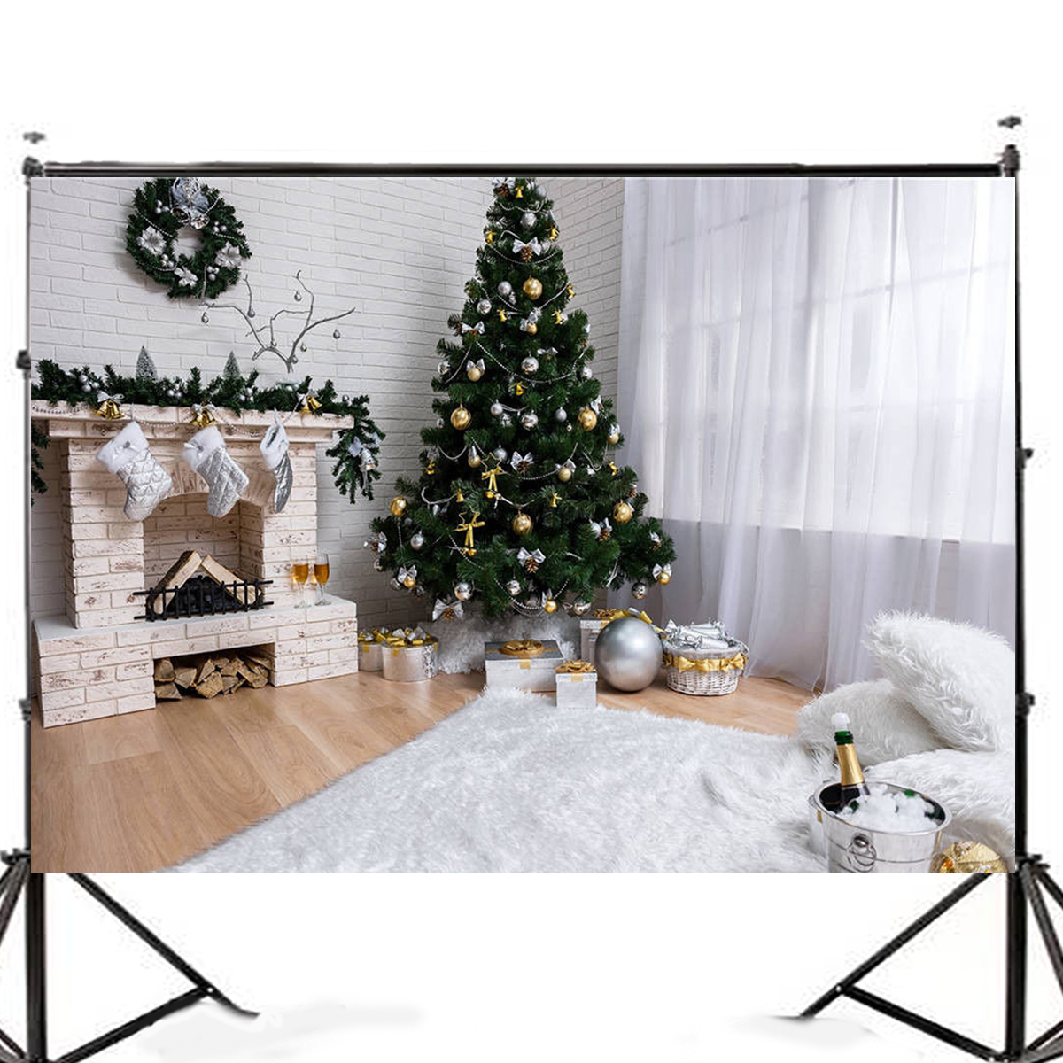 

7x5FT White Room Christmas Tree Fireplace Theme Photography Backdrop Studio Prop Background