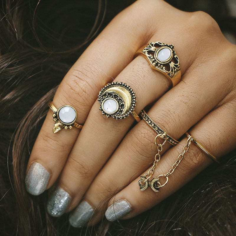 

Women's 5 Pcs Vintage Ring Set Gold Silver Moon Opal Gem