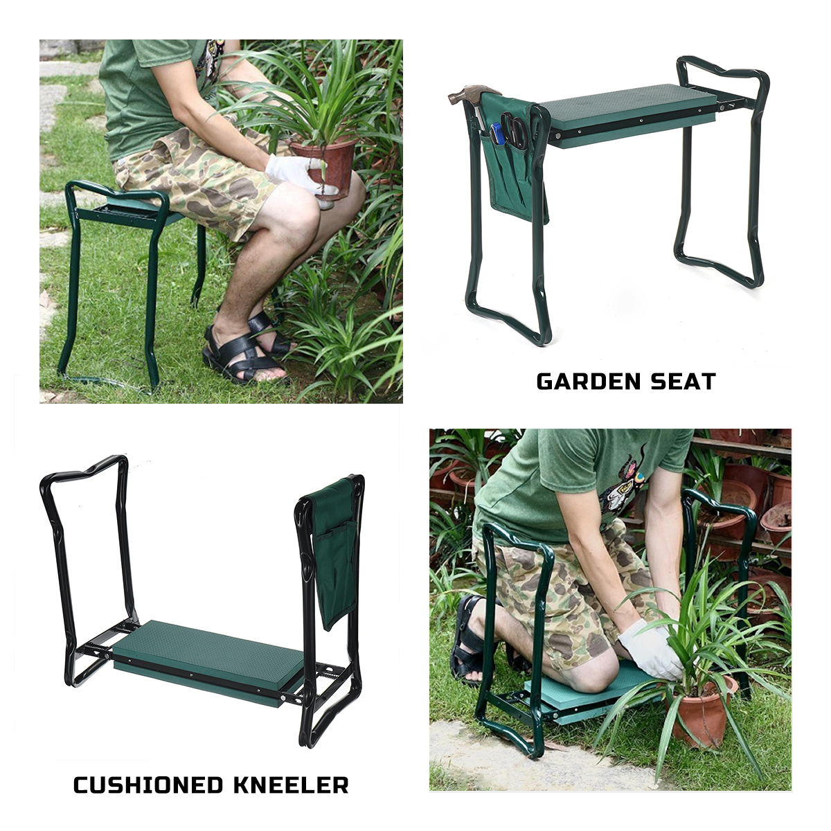 2IN1 Foldaway Garden Kneeler Seat Kneeling Bench EVA Soft Pad Stool W/ Outdoor Pouch 3