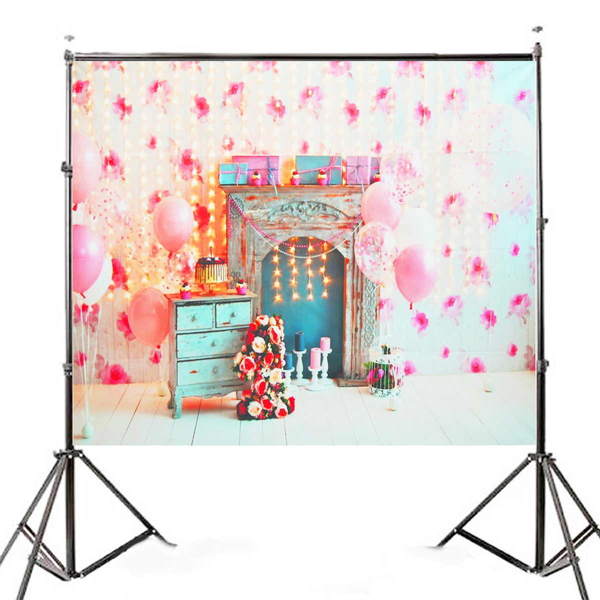 

5x3ft Pink Balloon Fireplace Cabinet Photography Backdrop Studio Prop Background