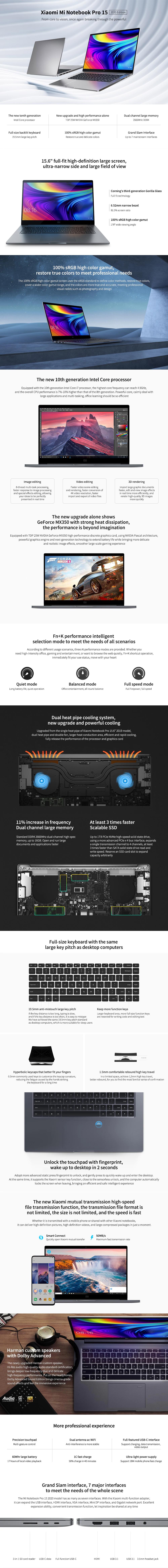 [New Edition] Xiaomi Mi Laptop Pro 15.6 inch Intel Core i7-10510U NVIDIA GeForce MX350 16GB DDR4 RAM 1TB SSD 100% sRGB Fingerprint Backlit Notebook 20