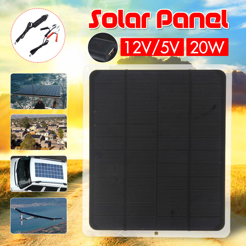 20W 12V Solar Panel For Phone Battery Charger RV Boat Camping 5V USB 2.0 Port 8