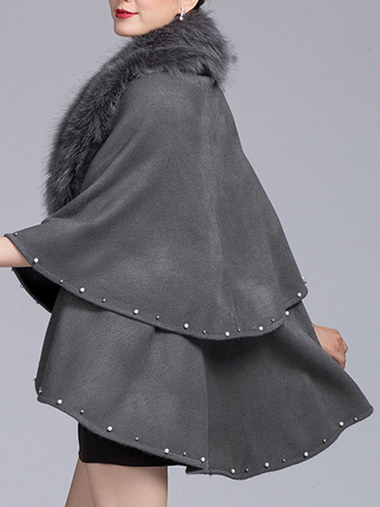 

Women Elegant Fur Collar Layers Solid Color Cloak Cape Coats
