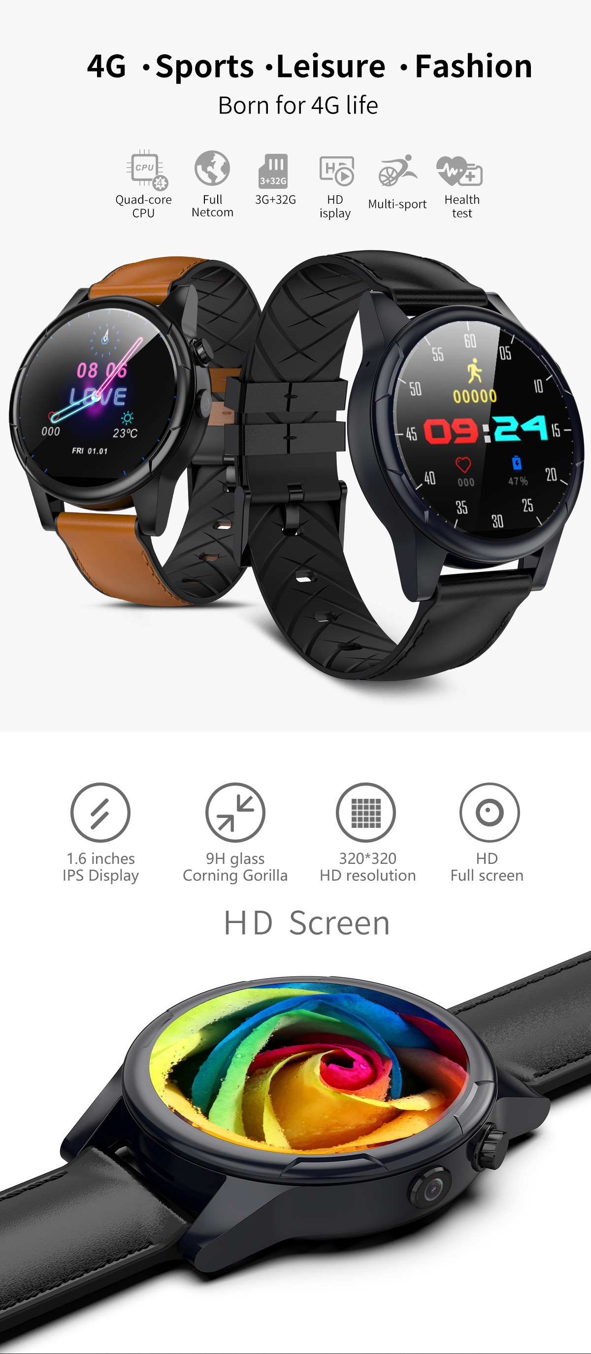 JSBP X361 4G 3+32G WIFI GPS Watch Phone 1.61'' Touch Panel Waterproof Smart Watch Fitness Sports Bracelet 36