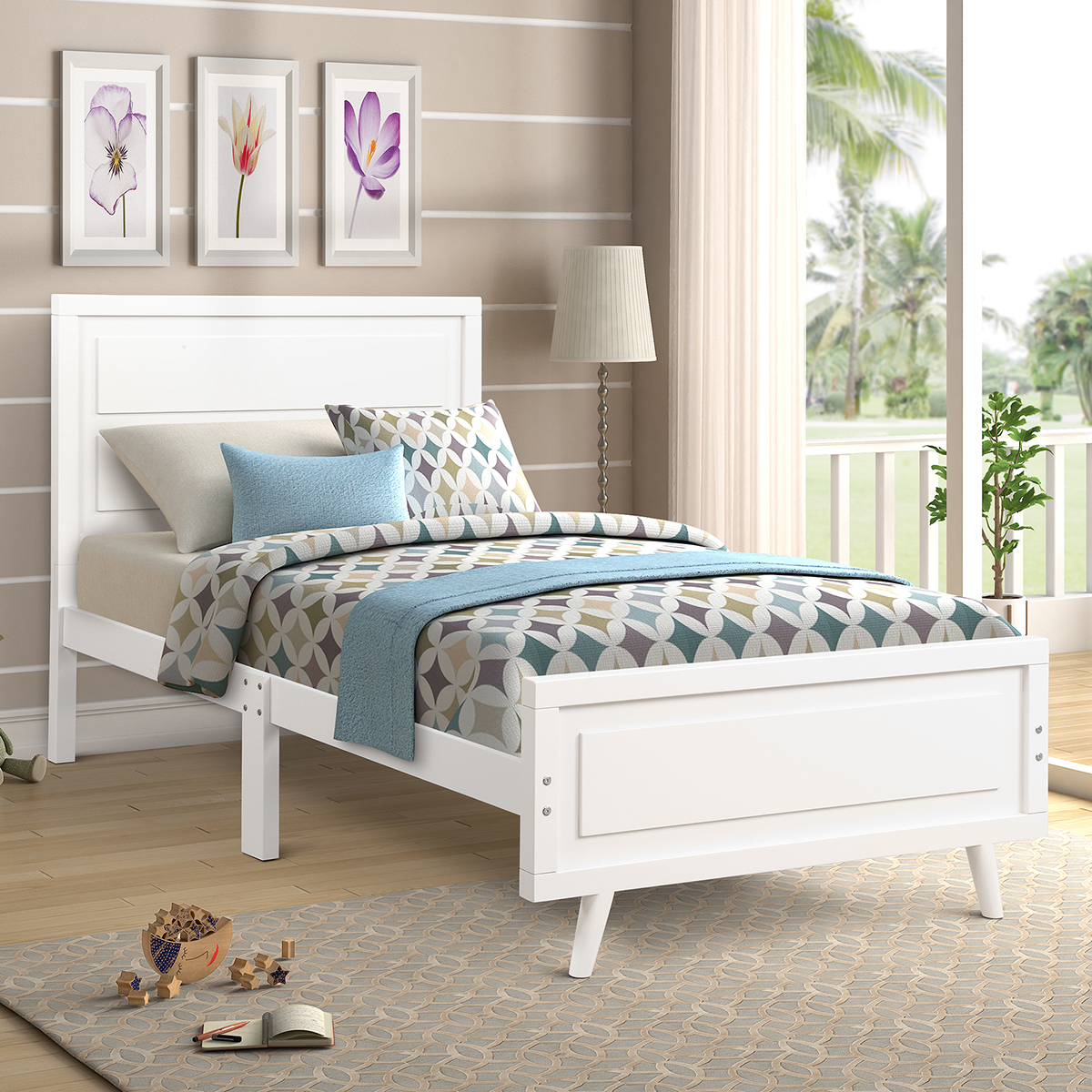 

Wood Platform Bed Twin Bed Frame Mattress Foundation with Headboard and Wood Slat Support Single Bed