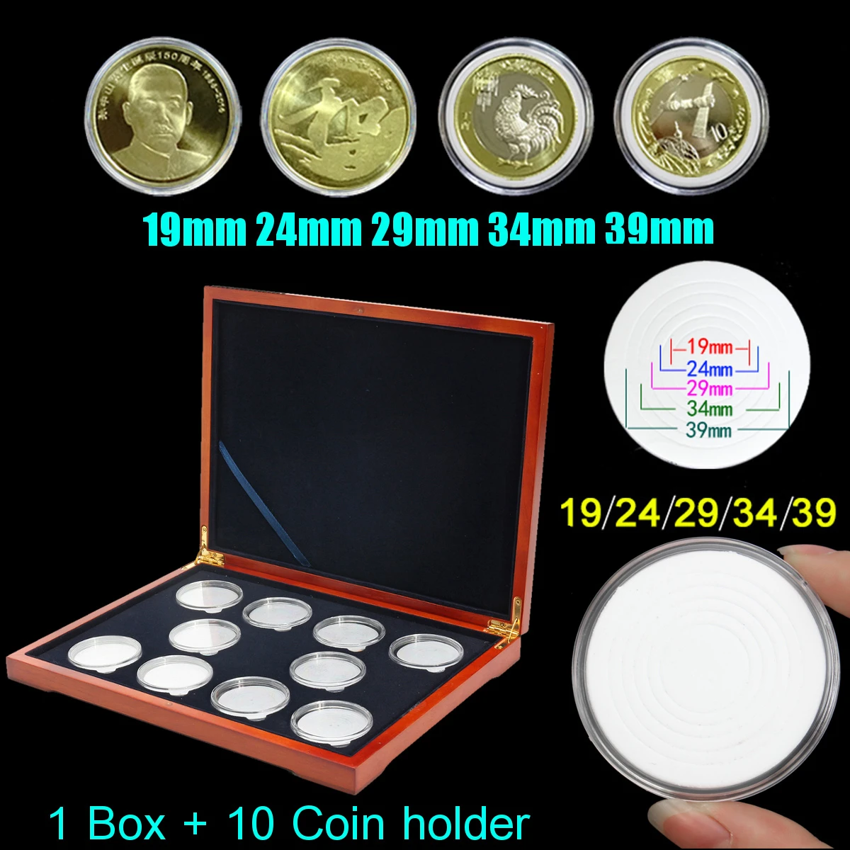 Rectangle Oak Coin Storage Case 10 Coins Organizer Holder NGC PCGS Grade Collection Display Box