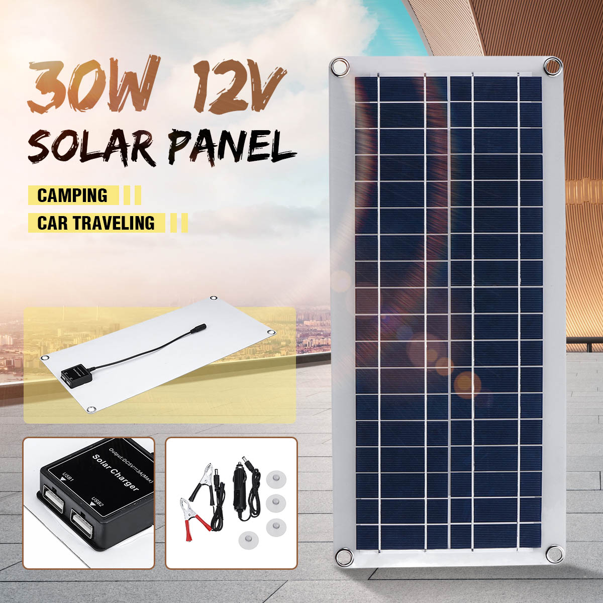 DC 12V/18V Solar Panel Double 5V USB Port Charging Battery Charger For Camping Traveling 14