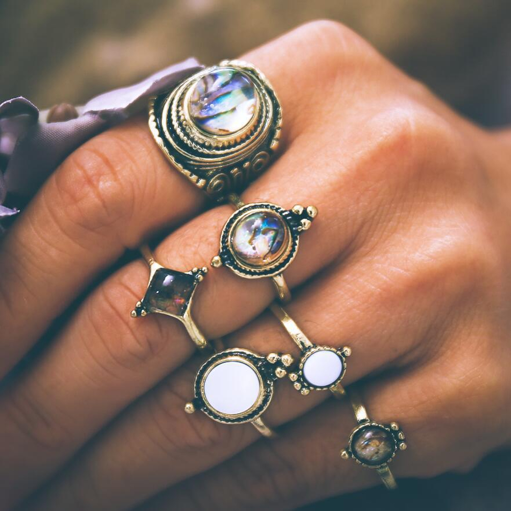 

6 шт Винтаж Кольцо с золотым кольцом Кольцо с булыжником Геометрические кольца для пальцев Модные украшения для Женское