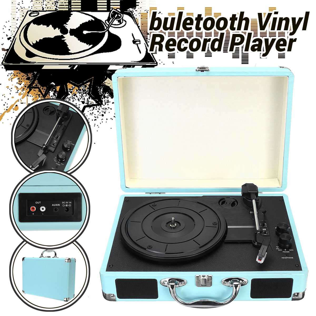 B32603 bluetooth Wireless 3 Speed Vinyl Record Player Turntable Retro 2 Speakers Case 8