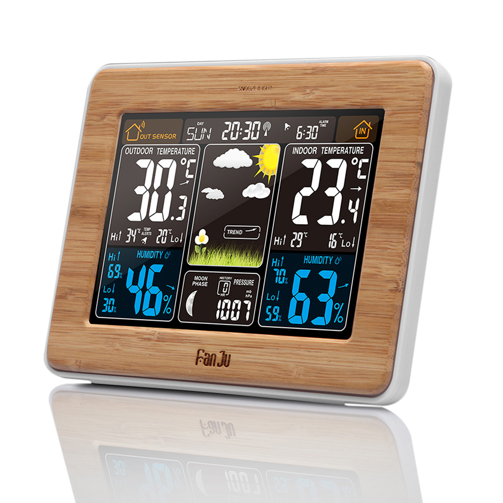 

FanJu FJ3365 Wireless Weather Station Multi-function Digital Clock Temperature Humidity Despertador Moon Phase Desk Table LCD Alarm Clock