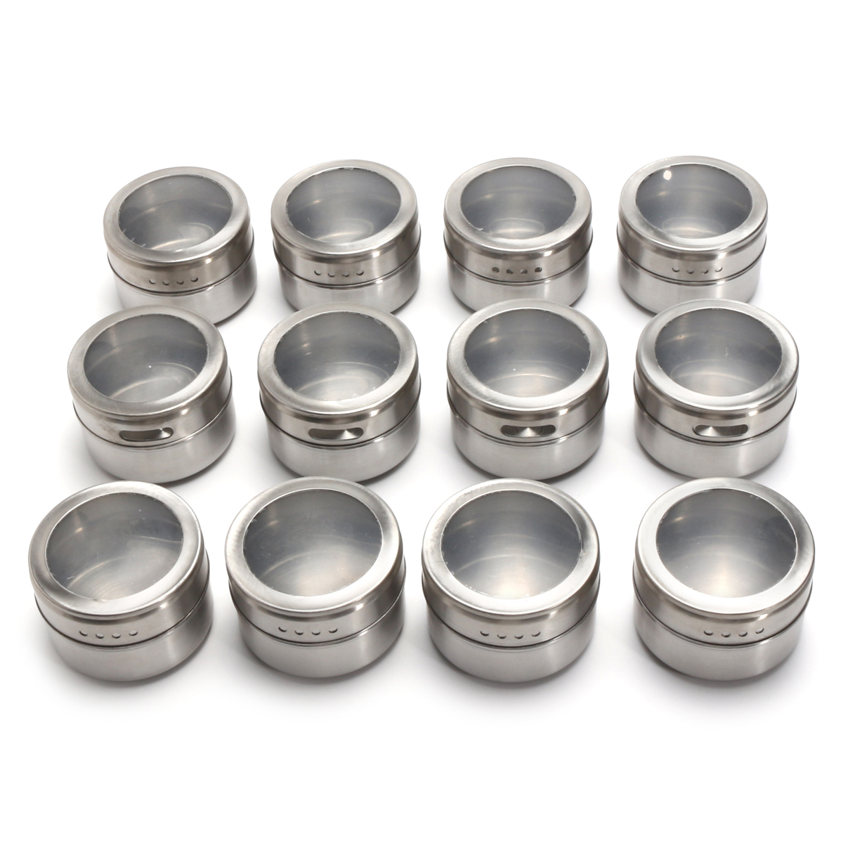 

12Pcs Stainless Steel Magnetic Spice Tin Kitchen Storage Container Jars Clear Lid