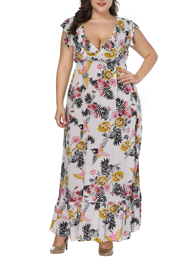

Plus Size V-neck Ruffles Short Sleeve Floral Dress