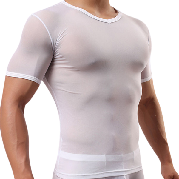 

Mens Tight Sexy Transparent Gauze T-shirt Breathable Sports Shorts Sleeved Tees