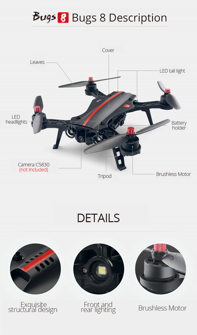 MJX B8 Bugs 8 250mm With LED light Brushless Racer Drone Quadcopter RTF (Without Camera + FPV Monitor Red) 4