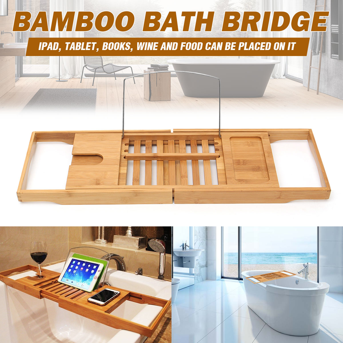 Bathtub Bamboo Holder Bathroom Tray Tablets Shelf Book Reading Rack Stand 1