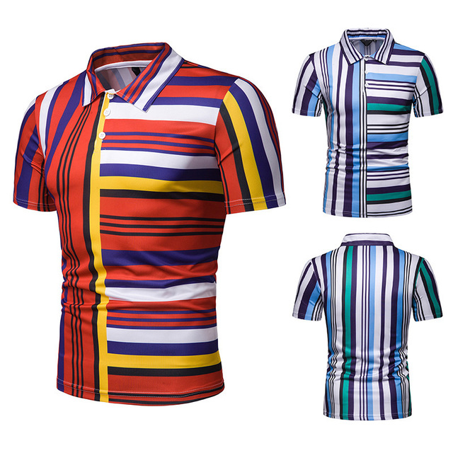 

Новый сезон мужской с короткими рукавами Рубашка мужские контрастные цвета полосы Тонкий отворотом вскользь T