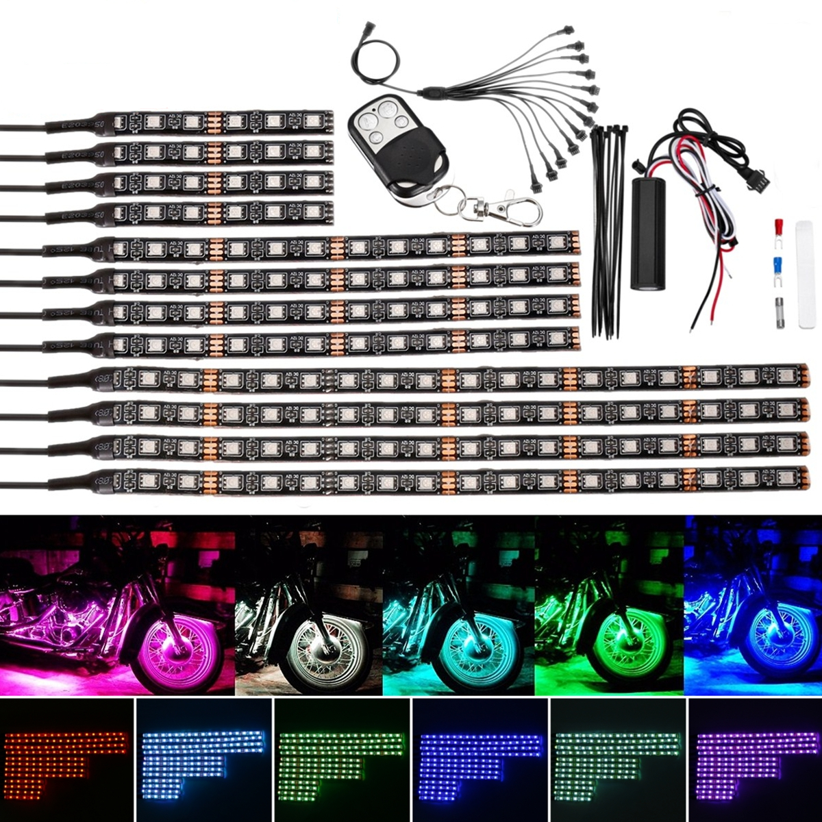 

5050 LED Flashing Strip Light RGB 15 Color 12 Strips Glow Neon Wireless Remote Motorcycle