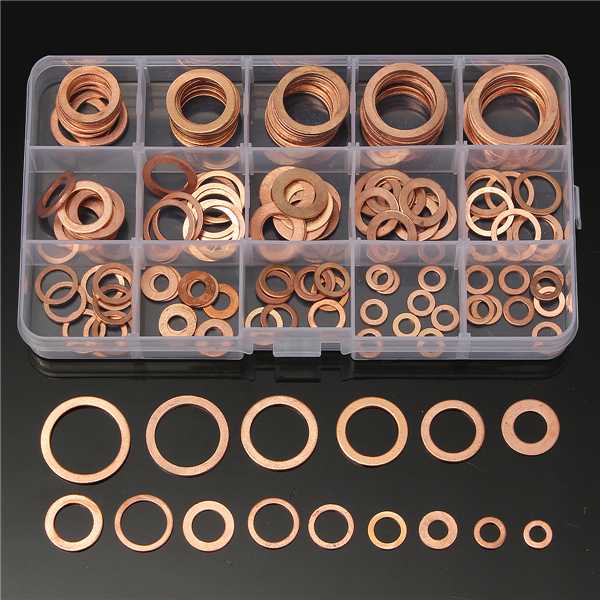 

150Pcs Solid Copper Washers Sump Plug Assorted Washer Set Plastic Box 15 Sizes