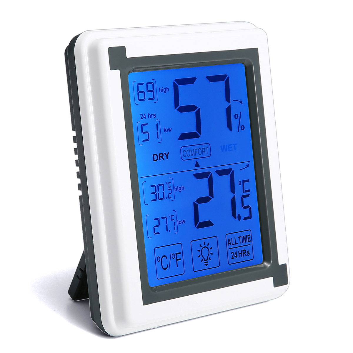 

Loskii Цифровой гигрометр для помещений Термометр Влажность Монитор LCD Подсветка сенсорного экрана Часы