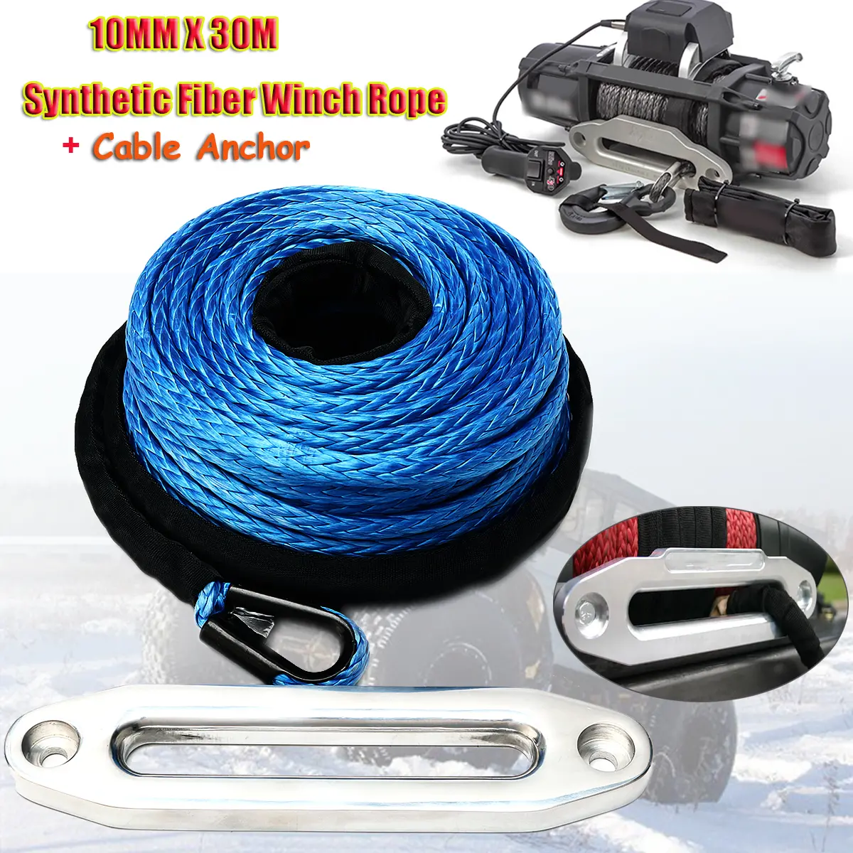 10mm x 30m Black Synthetic Winch Rope with Aluminum Hawse Fairlead ATV Winch Kit