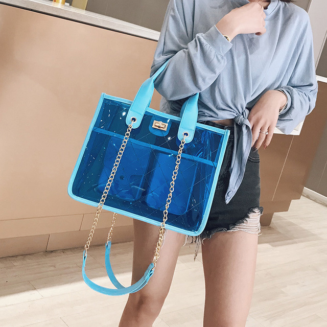 

Transparent Bag Female New Korean Large Capacity Jelly Bag Lingge Embroidery Line Handbag Wild Single Shoulder Messenger Bag