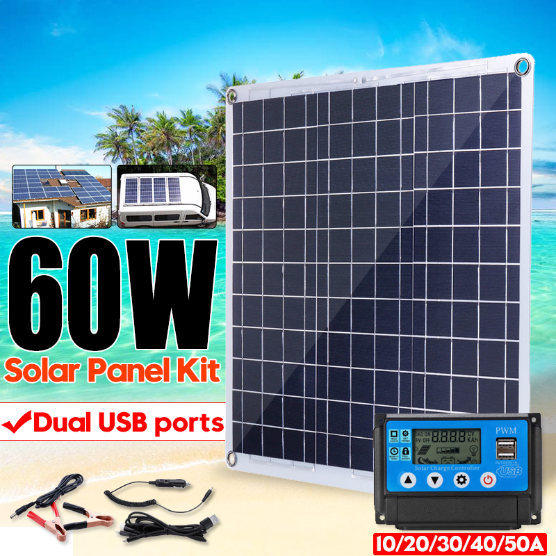 60W DC 12V 60W Solar Panel 5V Dual USB Ports Battery Charger Aluminum Plate Solar Powered Panel 2