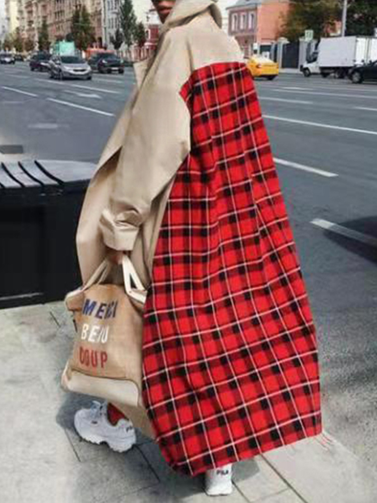 

Women Patchwork Checked Long Trench Coats