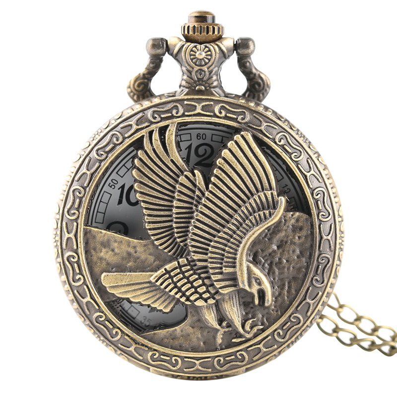 

DEFFRUN Винтаж бронза Eagle Крылья Шаблон карманные часы ожерелье цифровой набор кварцевые карманные часы