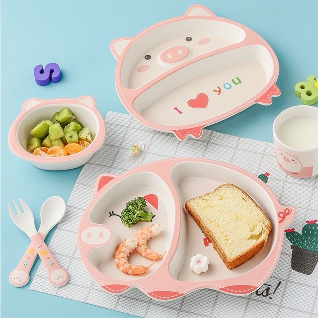 

New Bamboo Fiber Children's Cutlery Set Five-piece Cute Pig Kindergarten Baby Compartment Plate Dish Fork Spoon