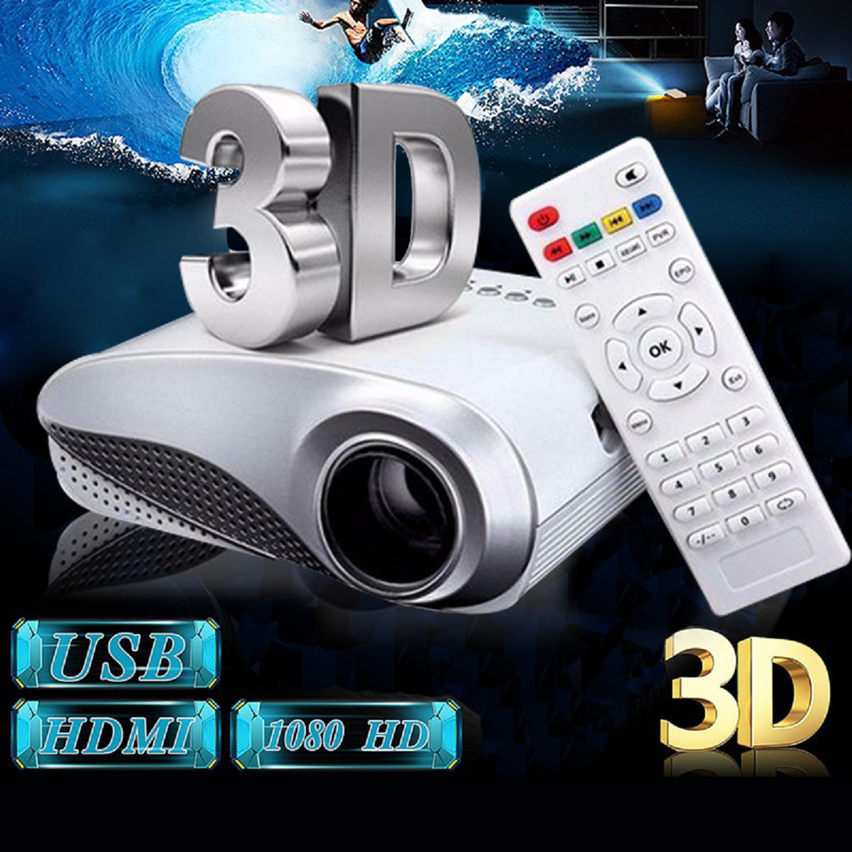 3D 1080P Portable LCD LED Mini Projector 600 Lumens 480x320 USB VGA TV AV Office Home Theater 1