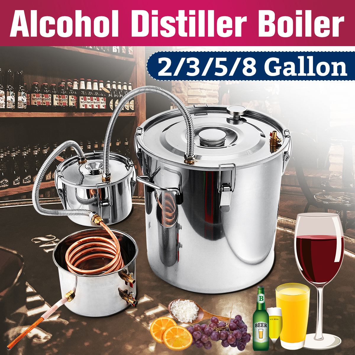 2/3/5/8 Gallons Moonshine Still Spirits Kit Water Alcohol Distiller Copper Tube Boiler Home Brewing Kit with Thumper Keg Stainless Steel 13