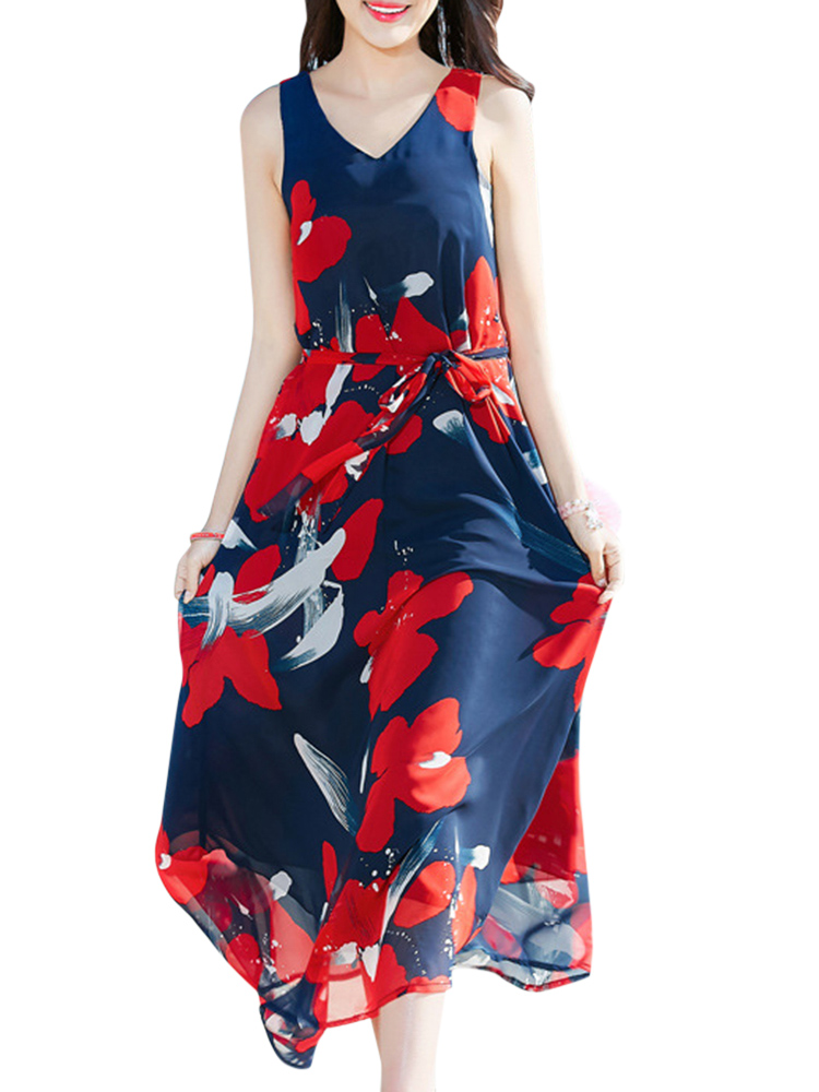 

Bohemian Chiffon Women V-Neck Printed Sleeveless Maxi Dress