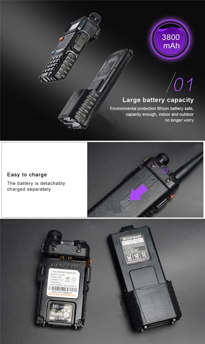 Upgrade BaoFeng UV-5R Walkie Talkie VH/UHF Dual Band Two Way Radio Transceiver 3800mah Battery